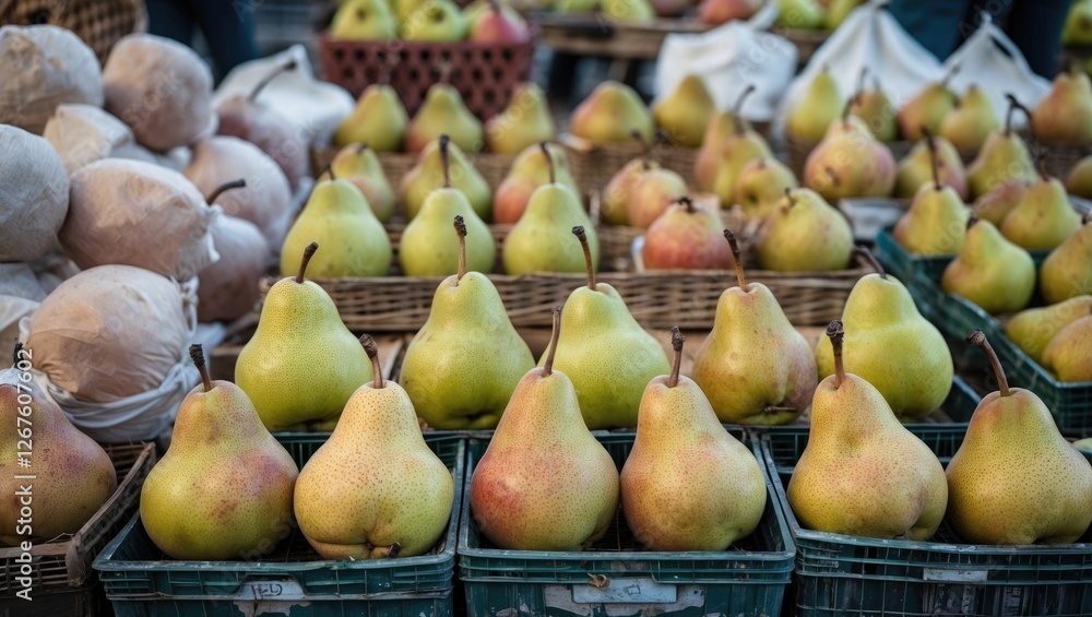 Poster freshly harvested pears displayed in baskets at open market with abundant copy space for text and pr