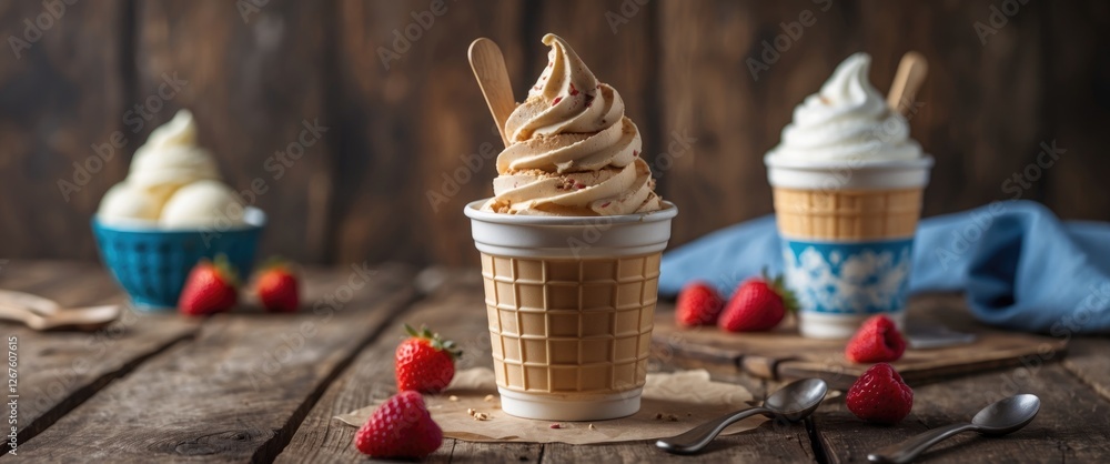 Poster delicious ice cream cups on rustic wooden table with strawberries and empty space for custom text de
