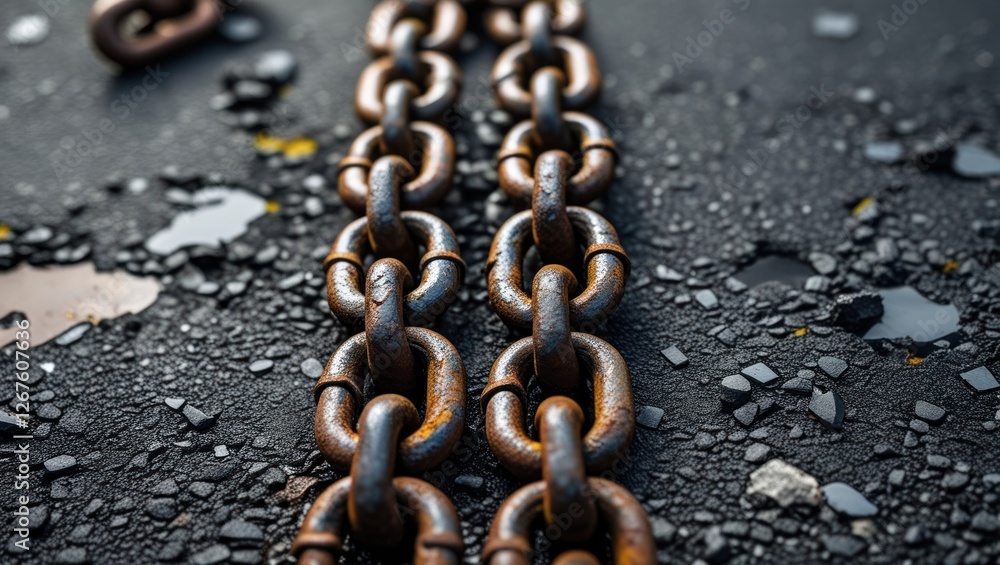 Poster close-up of an oxidized rusty chain on asphalt background highlighting texture and strength with amp