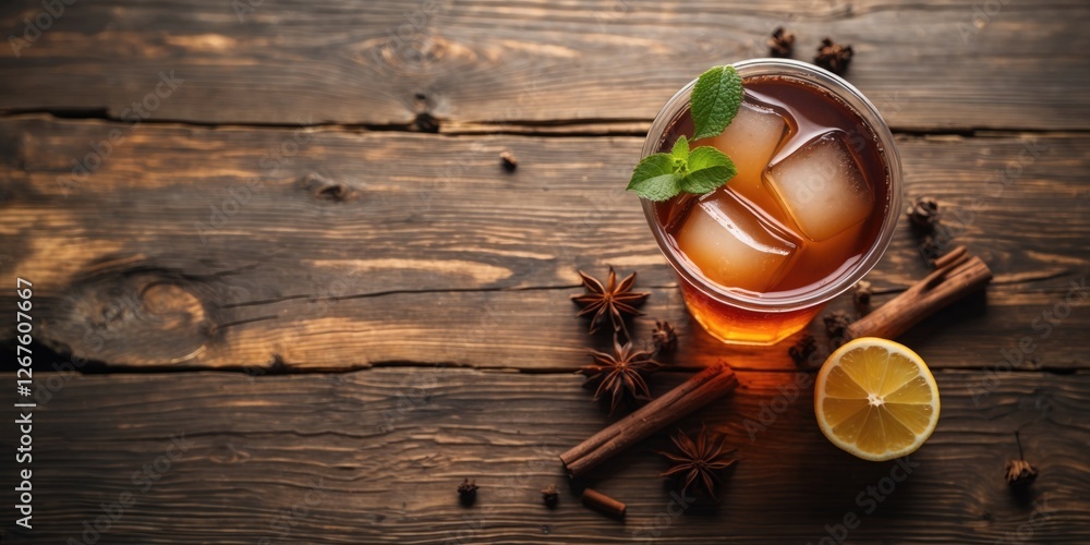 Poster refreshing iced tea garnished with mint and lemon slices on rustic wooden table with copy space for 