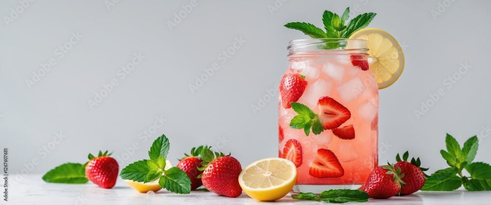 Poster refreshing homemade strawberry lemonade garnished with mint and fresh strawberries on a light backgr