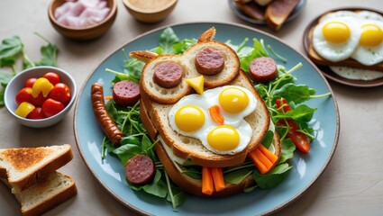 Creative Healthy Breakfast Plate Featuring Cute Owl-Shaped Sandwich with Eggs and Vegetables on Fresh Salad with Empty Space for Text