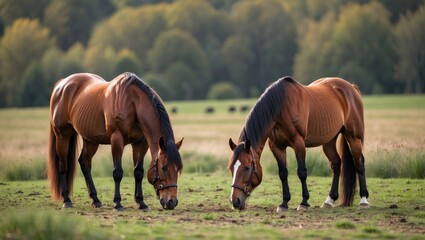 Obraz premium Horses Grazing Peacefully in a Lush Green Meadow Under a Soft Sunlight with Trees in the Background