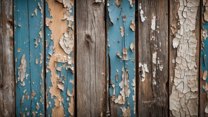 Fototapeta premium Weathered wooden wall with cracked and peeling blue paint highlighting textures and rustic charm. Perfect for vintage backgrounds and designs.