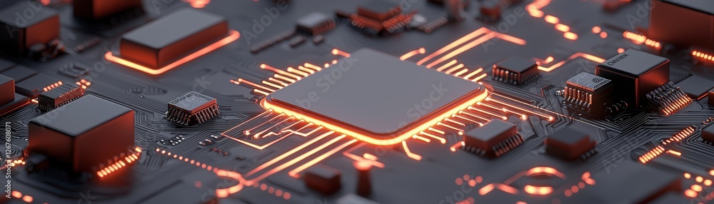 Poster illuminated computer processor, red light glowing from cpu core, symbolizing technology, power, and 