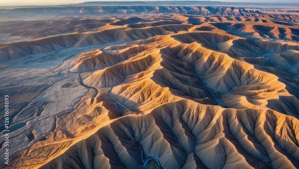 Poster aerial view of textured badlands illuminated by soft light showcasing the intricate contours and sha