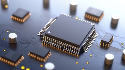 Intricate circuitry and microelectronic components of a modern computer chip, closeup examination