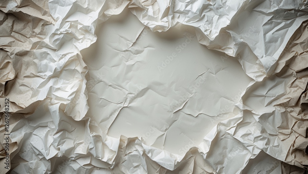 Aufkleber textured crumpled white paper background with central copy space for creative design or layered appl