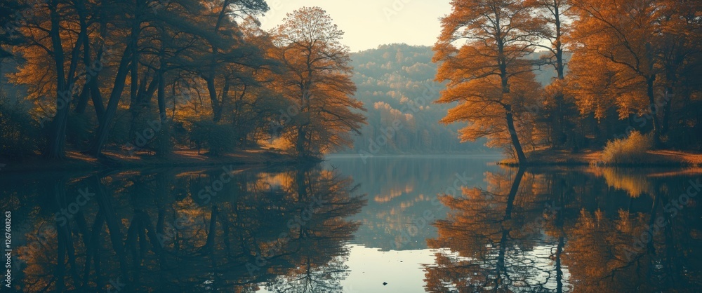 Poster serene autumn lake with vibrant tree reflections and soft light creating a tranquil nature scene