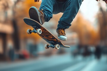 Fototapeta premium Skateboarder mid-air performing trick, legs visible, casual streetwear, autumn trees blurred in background, dynamic motion, urban sports vibe, freedom and energy.
