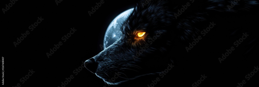 Aufkleber dark wolf with glowing eyes against a moonlit background in a mystical night setting. generative ai