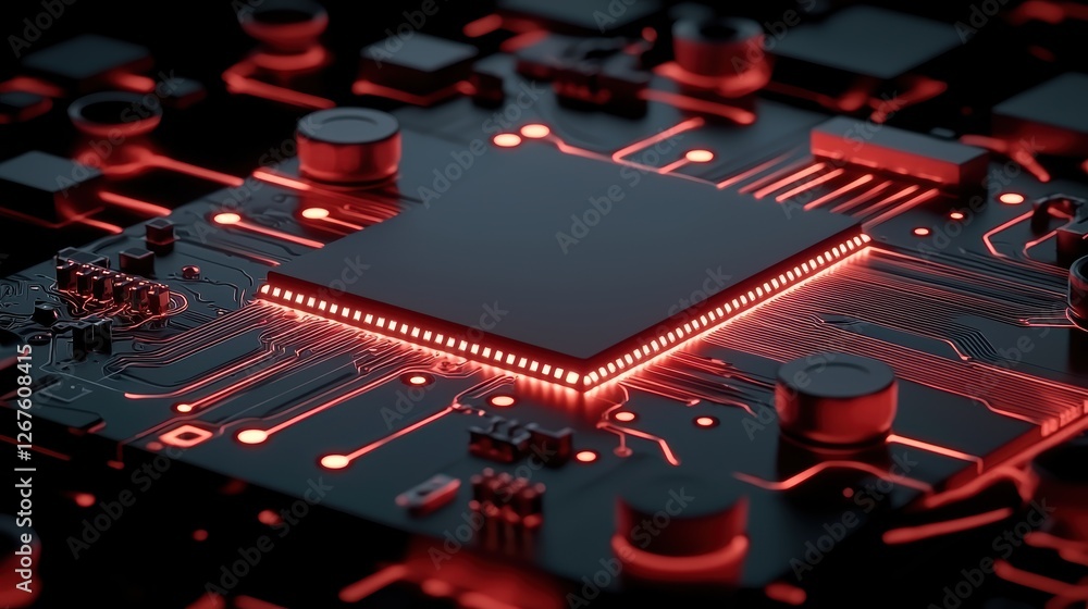 Aufkleber illuminated computer processor, red light showcases power and advanced technology in electronic circ