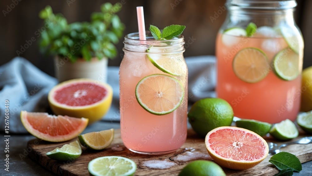 Poster refreshing pink grapefruit lemonade with lime slices and fresh mint in rustic setting ideal for summ
