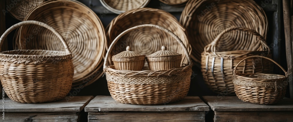 Poster handcrafted wicker baskets displayed on rustic shelves with empty space for text and emphasis on tra