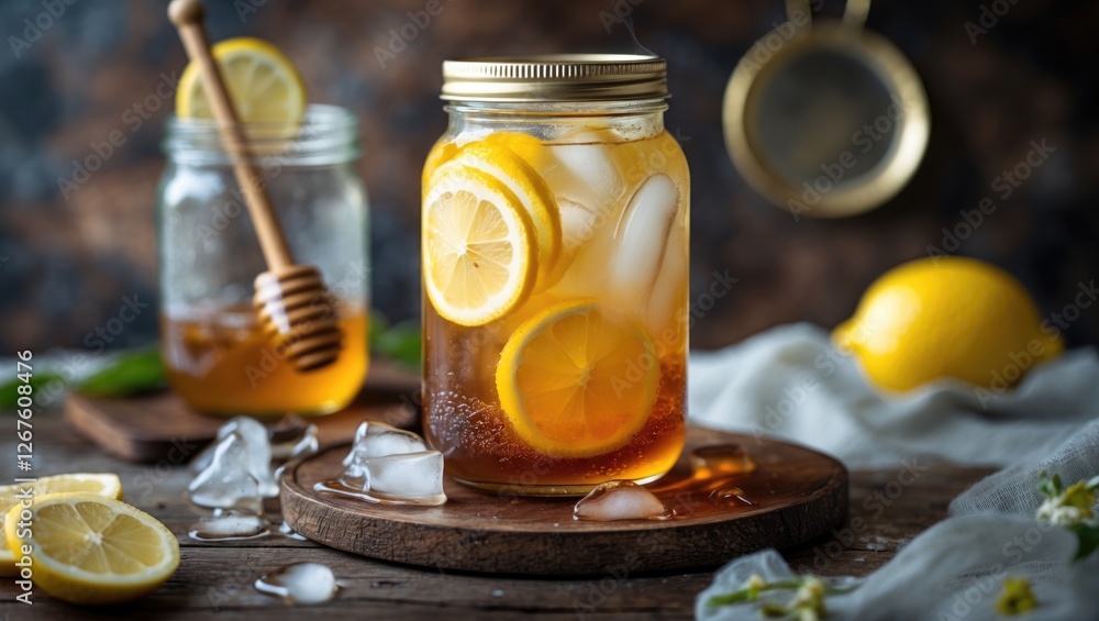 Poster refreshing iced lemon honey tea in a jar with fresh ingredients and empty space for text on rustic w