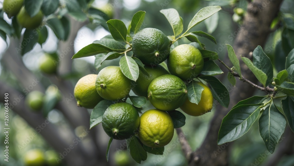 Aufkleber lush lime tree branch with ripe limes and green leaves set against a natural background featuring sp