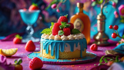 Colorful Mini Cake with Blue Icing and Fresh Berries Surrounded by Decorative Elements and Empty Space for Text