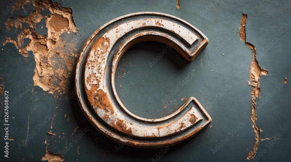 Poster distressed capital letter c on rustic background with texture and patina for typography and design p
