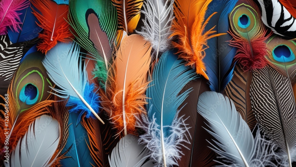 Poster vibrant assortment of colorful feathers in closeup creating a visually striking and textured backgro