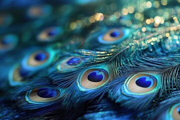 Obraz premium Peacock feathers with vibrant blue and green eye patterns, soft texture, shimmering details, intricate natural design, symbolizing beauty, elegance, and uniqueness in nature.