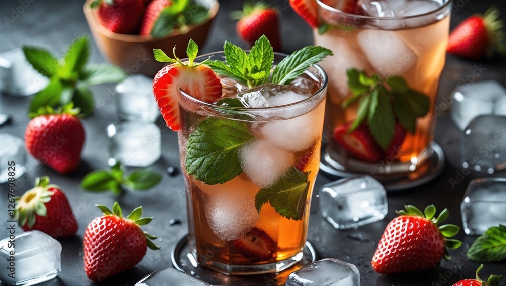 Poster refreshing iced tea with strawberries and mint served over ice on a dark background with copy space 