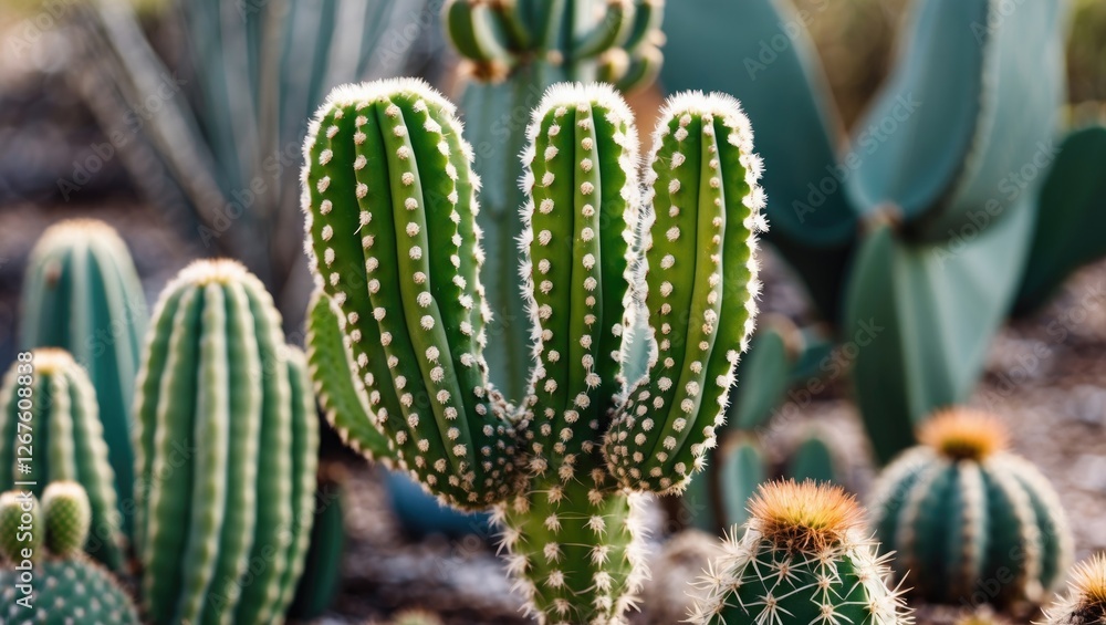 Poster vibrant group of cacti in a desert landscape showcasing unique shapes and textures against a soft ba
