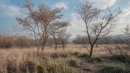 Fototapeta premium Dried Trees and Grassy Landscape Under Open Sky Capturing the Essence of Nature in a Serene and Tranquil Setting.