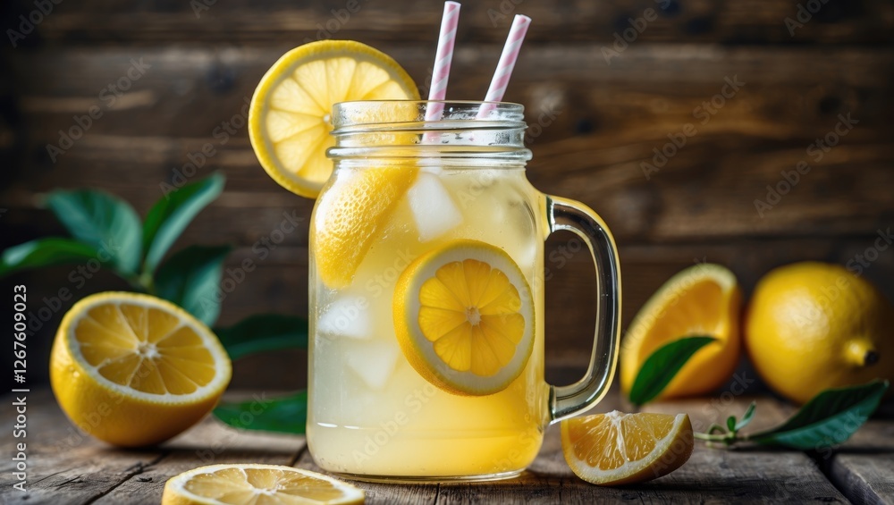 Aufkleber refreshing lemonade in a jar adorned with lemon slices on a rustic wooden table perfect for summer g
