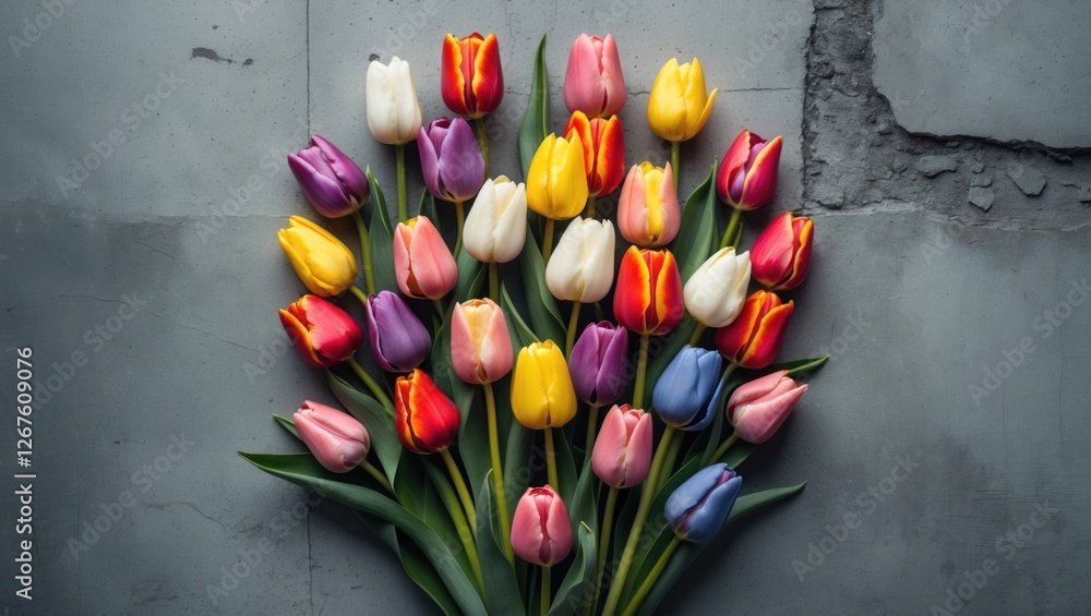 Poster vibrant multi-colored tulip bouquet arranged on gray concrete background with ample copy space for f