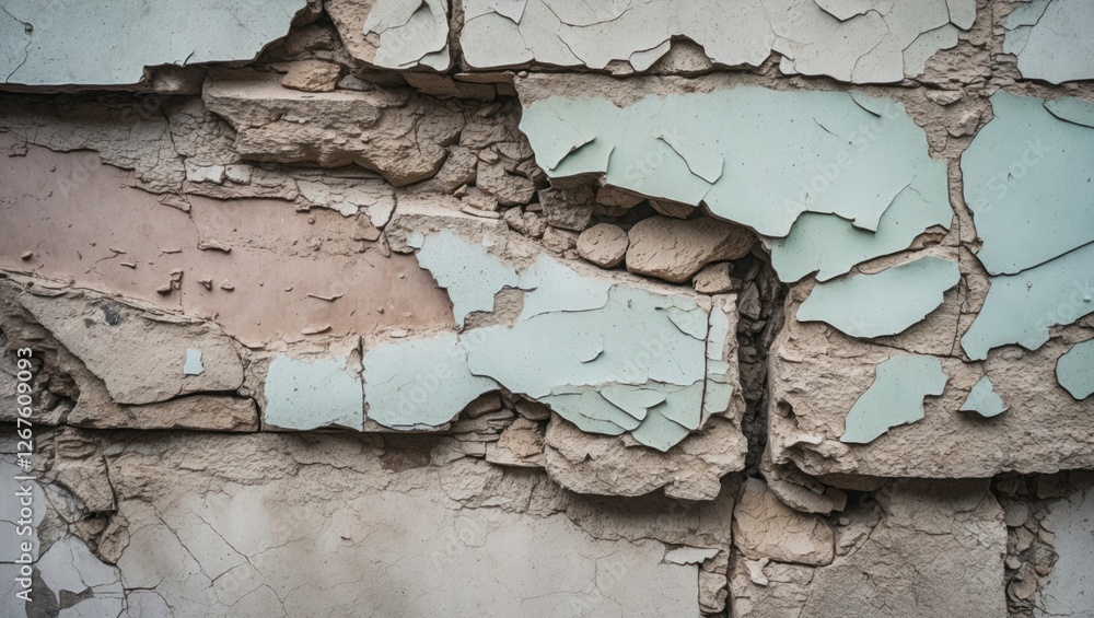 Poster close-up of weathered wall surface showcasing peeling paint, uneven texture, and multiple layers wit