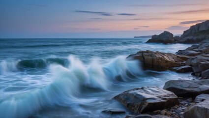 Serene Seascape at Dusk with Motion Blur of Splashing Waves Over Coastal Rock Formation and Gentle Ocean Breeze.