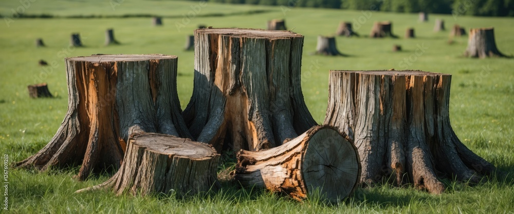 Poster old tree stumps on green meadow with expansive empty space for text and nature themes in background