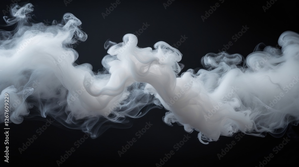 Poster elegantly swirling white smoke on a black background creating an abstract visual of fog movement and
