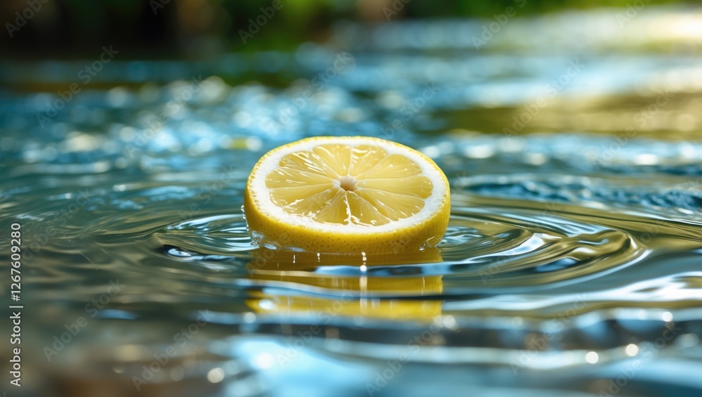 Poster lemon slice floating on calm water surface against a blurred natural background with space for text 