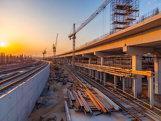 A stunning sunset over a bustling construction site, showcasing cranes, steel beams, and railway tracks