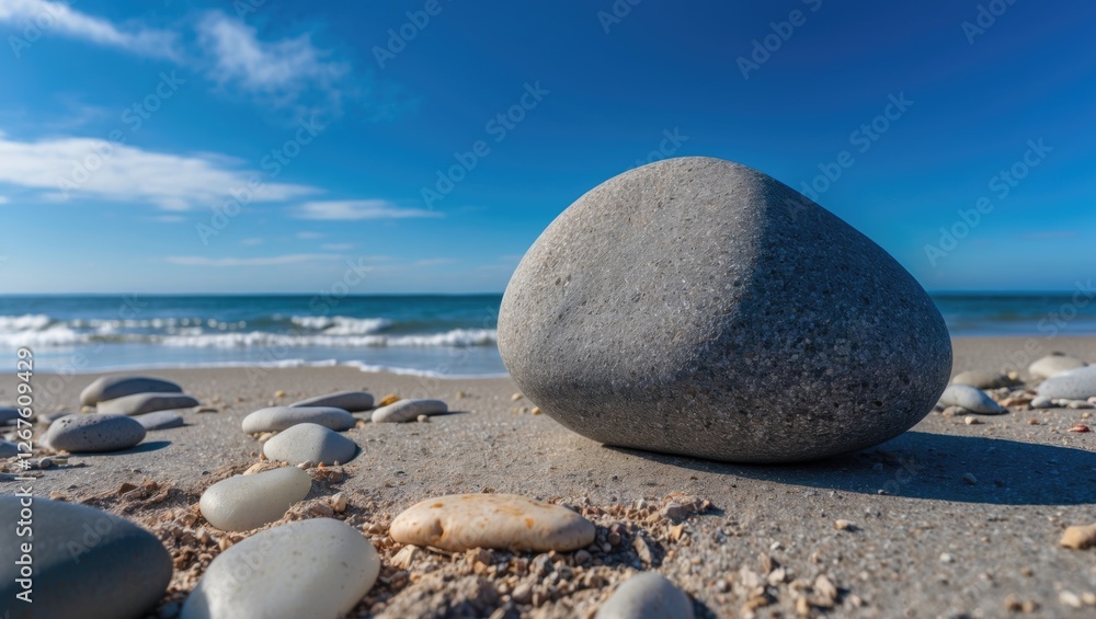Poster large stone on sandy beach surrounded by smaller pebbles with a clear blue sky and ocean waves in th