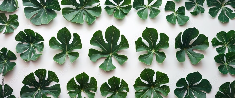 Poster lush green lobed leaves arranged on a clean white background with ample space for text or design ele