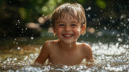 Obraz premium Happy Young Boy Playing in Natural River, Smiling with Water Droplets, Enjoying Summer Fun and Outdoor Adventure