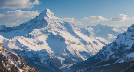 Naklejka premium Snow-Capped Mountain Peaks in the Alps with Clear Blue Sky and Expansive Copy Space for Text and Marketing Use