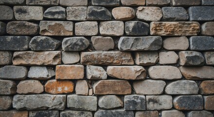 Fototapeta premium Textured brick wall made of varied stones with earth tones creating a rustic and sturdy aesthetic ideal for architectural designs.