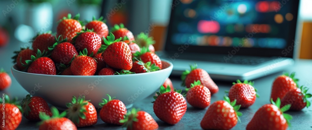 Poster fresh strawberries in white bowl with blurred laptop background providing copy space for text on mod