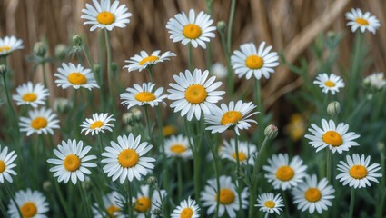 Vibrant Field of Blooming Oxeye Daisies Leucanthemum Vulgare Surrounded by Natural Greenery in a Beautiful Outdoor Setting