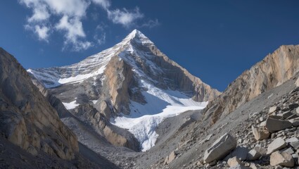 Fototapeta premium Majestic High-Altitude Mountain Peak Surrounded By Rugged Terrain And Pristine Blue Sky Showcasing Wilderness And Natural Beauty In Nature.