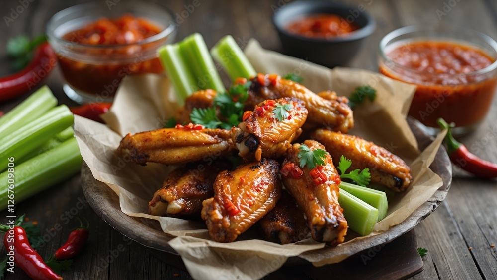 Poster Spicy Chicken Wings Served with Celery Sticks and Sauces on Rustic Wooden Table Suitable for Menu or Promotional Text Space