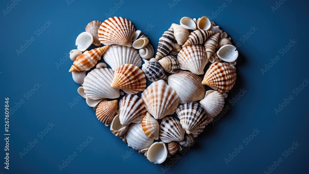 Poster heart shape created with seashells on rich blue background with space for custom text or design elem