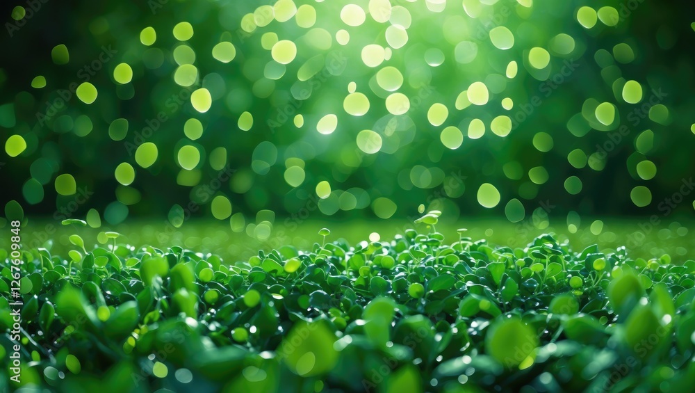 Poster vibrant green bokeh background with lush foliage and space for text overlay in nature inspired desig