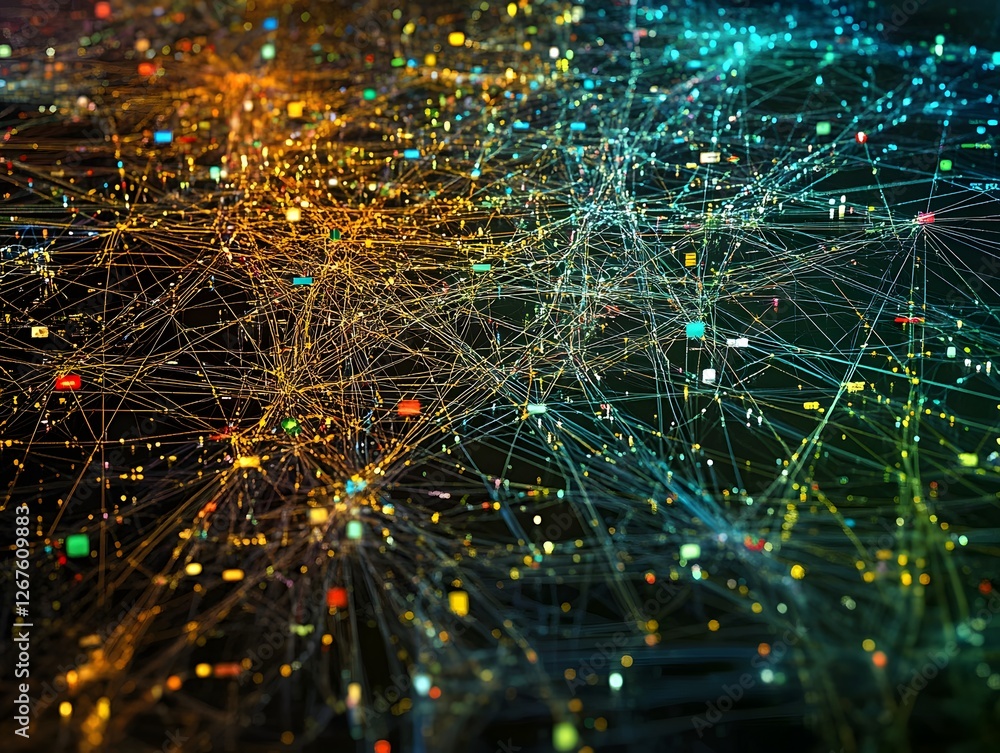 Poster a vibrant abstract illustration showcasing interconnected nodes and lines, symbolizing the complexit