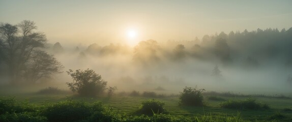 Misty Morning Landscape with Rising Sun Illuminating Foggy Nature Scene in Early Light