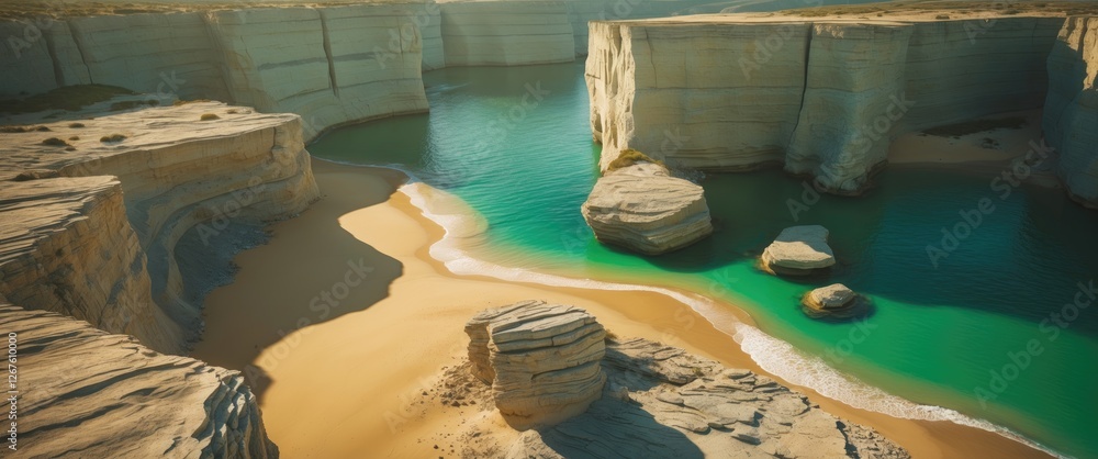 Aufkleber aerial view of scenic cliffs and pristine beach with turquoise water under soft morning light featur