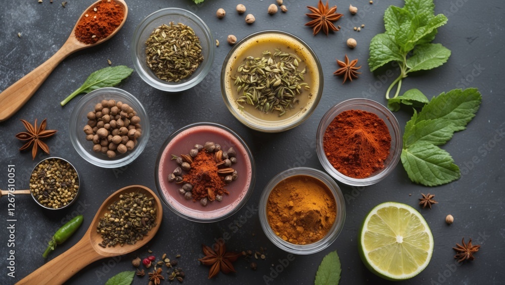 Aufkleber healthy spices and herbs for nutritional drink preparation with empty space for text and labels